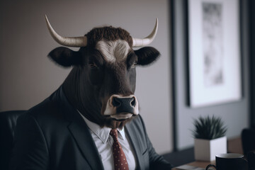 a bull dressed in a business suit at the office, Generative AI