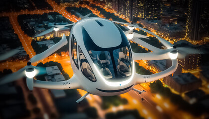Passenger Autonomous Aerial Vehicle AAV. Future of urban air mobility. Urban Air Mobility. Public aerial transportation. Autonomous driverless aerial vehicle fly through night city. Generative AI
