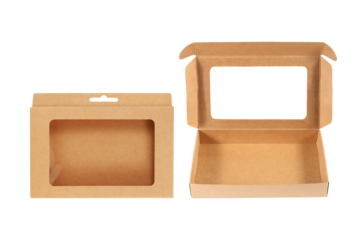 brown paper box with transparent window on white background with clipping path