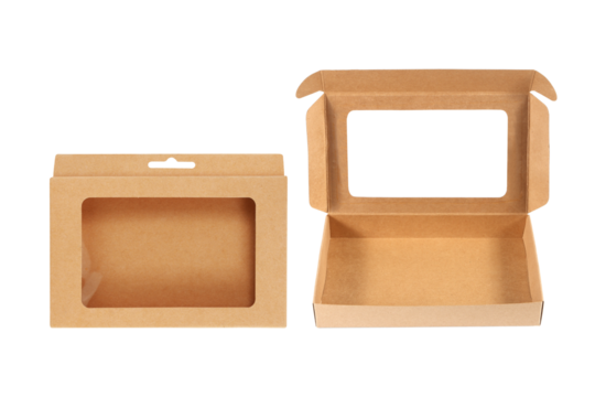 brown paper box with transparent window on white background with clipping path