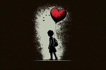 Silhouette of a boy with a heart shaped balloon.