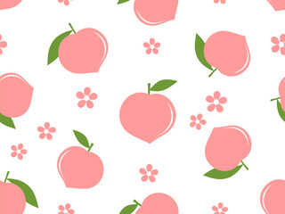 Seamless pattern of pink peach fruit with green leaves and flower on white background vector.