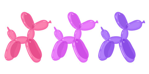 Three bright pink and violet balloon dogs. Bubble animals in a shape of puppies. Vector cute illustration isolated on white background.