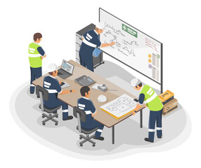 Technician and engineer meeting on machine improvement working process Maintenance planing in conference room industrial worker concept illustration isometric isolated vector - obrazy, fototapety, plakaty