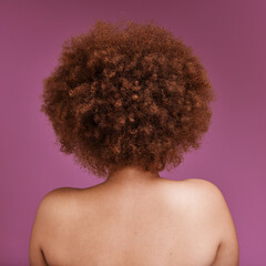 Rear view, black woman and afro of hair in studio for ethnicity texture, headshot and pink background. Back of african model, curly haircare cosmetics and beauty for skincare, scalp and salon shampoo