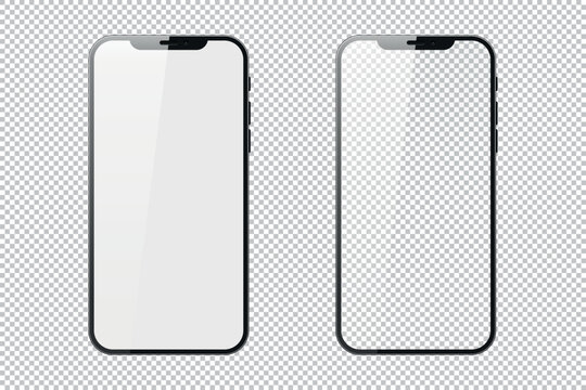 Set of front view realistic smartphones with blank and transparent screens. Vector illustration isolated on checkered background.