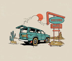 desert car ride vector illustration, cactus desert landscape vector, arizona desert motel drawing, suv car in desert - obrazy, fototapety, plakaty