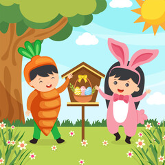 Fototapeta na wymiar Happy Easter greeting card. Cute kids are wearing Easter costumes.