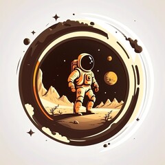 Logo template of spaceman discovering planet, astronaut logo template, brown colors. Cartoon logo of an astronaut or spaceman in spacesuit. Generative Ai.
