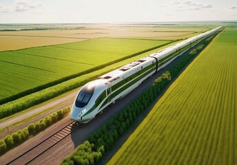 Aerial view of a modern high speed train moving in sunny weather between green fields. Generative Ai. - obrazy, fototapety, plakaty