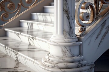 Close up of modern luxury white marble staircase with column in soft day light, interior marble design of staircase. Generative Ai.
