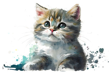 Fototapeta cute cat, shorthair cat, watercolor illustration, generative AI obraz
