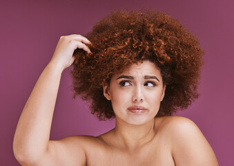 Woman stress, hair loss or afro on beauty studio background in grooming, texture anxiety or fail....