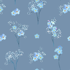  Pattern with forget me nots, blue flowers. Aesthetic flowers pattern, field flowers, wild flowers pattern. Seamless pattern. Hand drawn detailed botanical pattern for social media, web, cards.