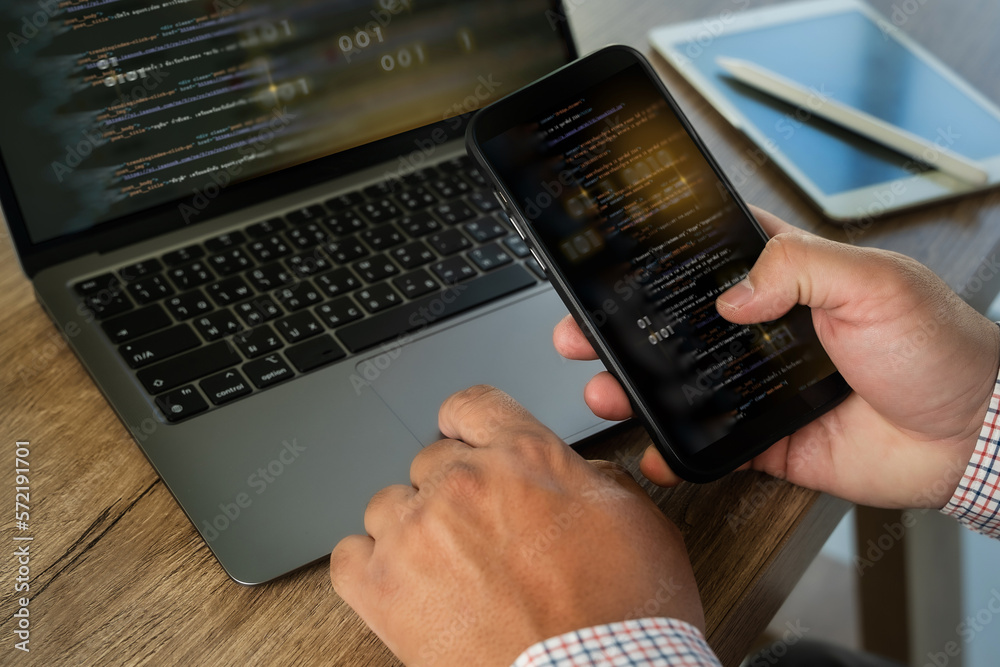 Poster software engineer working on a laptop website application development technology concepts 