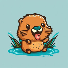 Fototapeta premium Cartoon happy beaver on a light color background. Generative AI
