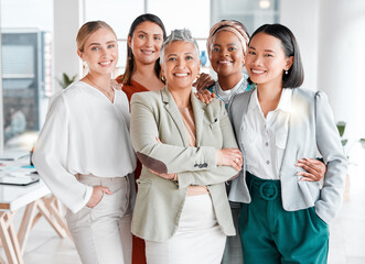 Portrait, diversity and business women support, teamwork and group empowerment for office...