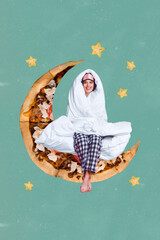 Vertical photo collage of young positive awakening girl sleepy wear pajama cover duvet sitting...