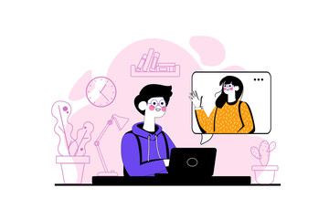 Video connection purple concept with people scene in the flat cartoon design. Guy communicates with his girlfriend via video chat.