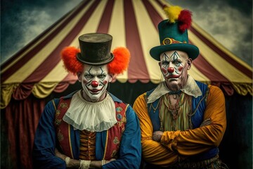 Terrible clowns and Halloween theme: Crazy scary circus characters with the tent on the background. Generative AI