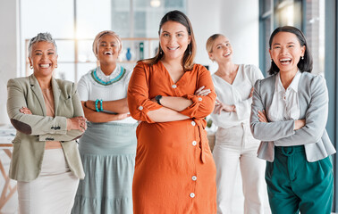 Portrait, diversity and professional women together for happy teamwork, global career and office group empowerment. Proud asian, black woman and senior business people or employees in company success