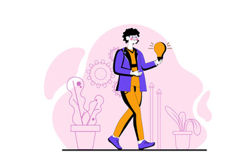 Idea generation purple concept with people scene in the flat cartoon style. Creative man comes up with cool ideas while walking.