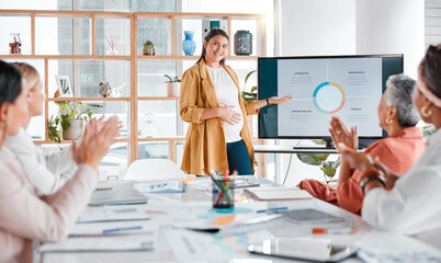Presentation, pregnant woman or applause in business meeting for company growth, strategy or teamwork in office. Success, happy or startup women group for SEO schedule planning calendar achievement