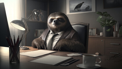 sloth in a suit in the office. Generative AI