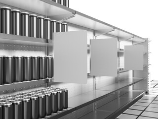 Blank shelf-stoppers, wobblers template, Shelves in supermarket, Blank cans in store, 3D rendering	