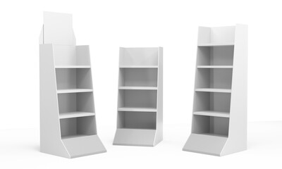 Various POS Floor Stand Display, Blank Empty Advertisement Stand Mock Up, 3D rendering	
