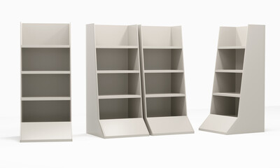 Various POS Floor Stand Display, Blank Empty Advertisement Stand Mock Up, 3D rendering	