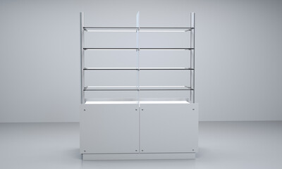 Single empty shelf display, Glass shelf for cosmetics products, Isolated, 3D rendering