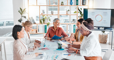 Laughing, teamwork or consulting business people with documents in meeting for company growth,...