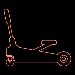 Neon lifting jack hydraulic car on wheels auto repair service red color vector illustration image flat style