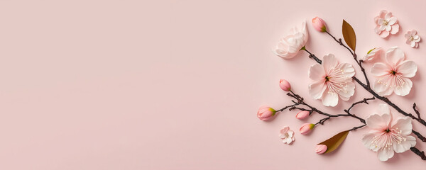 Sakura flower blossom on light pink background. Copy space for text. Generative AI
