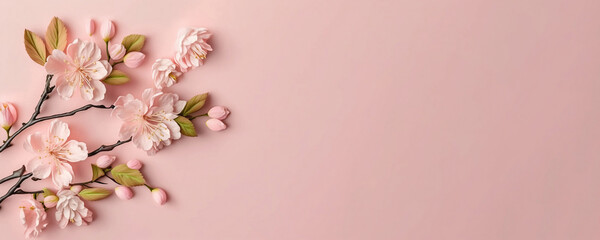Obraz premium Sakura flower blossom on light pink background. Copy space for text. Generative AI 