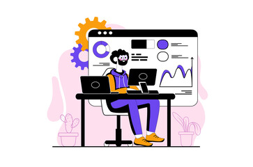 Data analytics purple concept with people scene in the flat cartoon design. Programmer works on the analysis and processing do of various data.