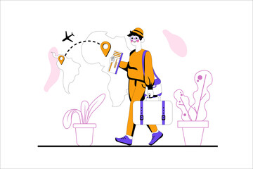 Buying flight ticket purple concept with people scene in the flat cartoon design. Man buy a fly ticket for travelling.