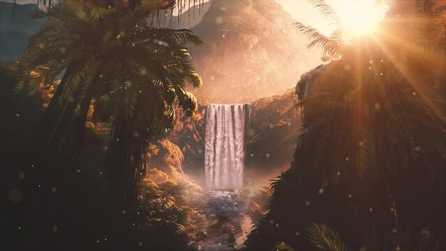  Camera moving through the dense foliage and verdant scenery. As the video progresses, the camera approaches a beautiful mountain waterfall in the distance