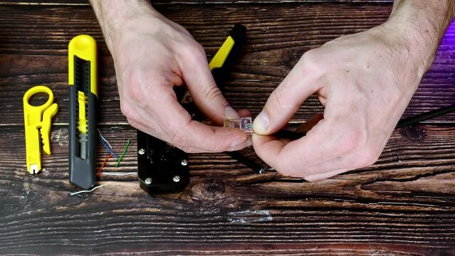 RJ45 crimping. Crimp the connector
