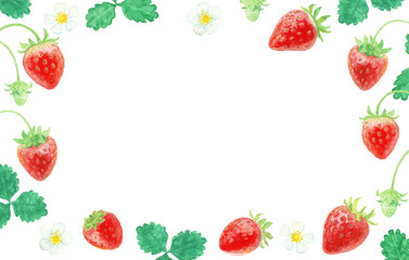 水彩絵の具で描いた春のいちごフレーム