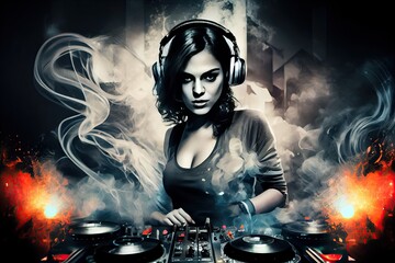 Obraz na płótnie Canvas dj girl with dark hair using dj mixer in nightclub with colorful smoke, turntables and disco ball - generative ai