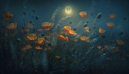 Fototapeta premium Fireflies landing on Wild poppies in moonlight, 16:9 , amazing illustration. ai generative