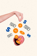Vertical photo collage artwork of absurd human mouth eating much money greedy cashback tokens...