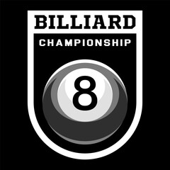 Billiard logo. Black ball color with the number eight. 8. Pool game. Snooker.