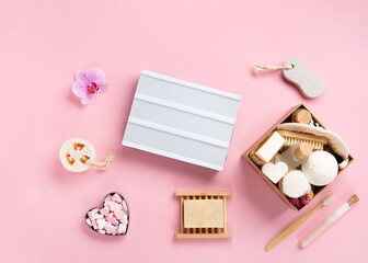 Natural Eco Friendly Beauty, Skin Care Products Concept. Zero Waste Bathroom, Spa Accessories on Pink Background.
