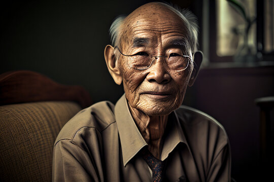 Close Up Photo Of An Old Asian Looking Man With Wrinkles Sitting On A Couch Looking Straight Into The Camera, Illustration Generative Ai