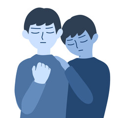 胸に手を当てた人物と、肩に手を置いて寄り添う人物