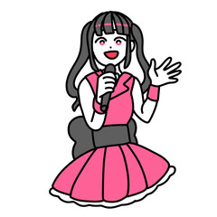 笑顔で手を振りながら歌うピンクのアイドル	