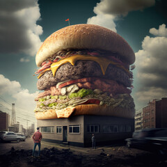 An explosive burger illustration with flames bursting out from all sides, showcasing its fiery and bold flavor.